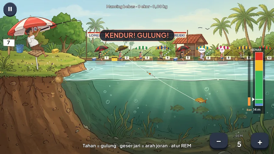 Adu tarik: joran melengkung, meter SENAR di kanan, tombol REM minus dan plus di kanan bawah