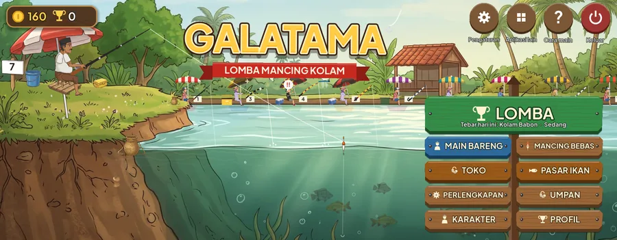 Halaman depan Galatama: kolam pemancingan dengan papan menu LOMBA, Main Bareng, Mancing Bebas, Toko, Pasar Ikan, Perlengkapan, Umpan, Karakter, dan Profil