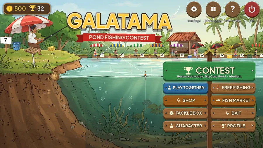 Galatama home screen in English with CONTEST, PLAY TOGETHER, FREE FISHING, SHOP, FISH MARKET and other signs