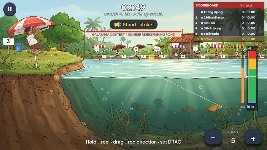 A contest in English: timer, live scoreboard, LINE meter and DRAG buttons