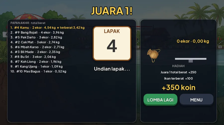 Layar hasil lomba: papan akhir total berat di kiri, rincian hadiah dan tombol LOMBA LAGI di kanan