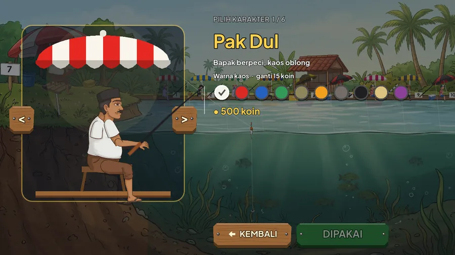 Halaman Pilih Karakter: Pak Dul di lapak dengan pilihan warna kaos