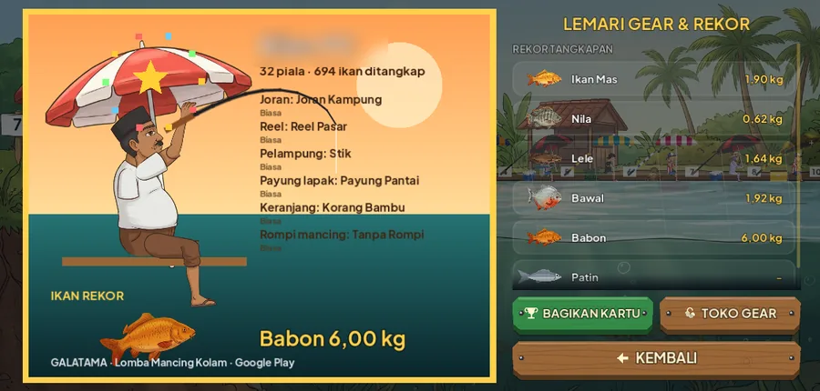 Halaman Profil: kartu pamer berisi karakter, piala, gear, dan ikan rekor, dengan daftar rekor tangkapan di kanan