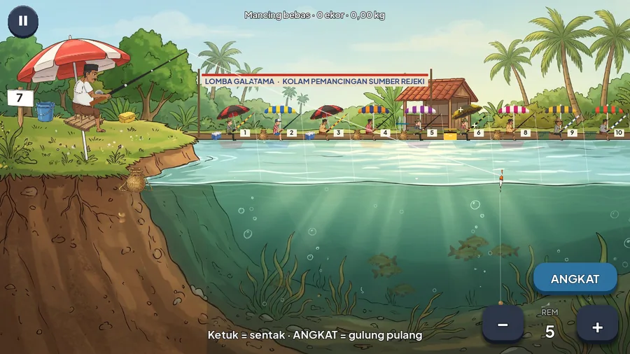 Pemancing di lapak menunggu, pelampung di air dan tombol ANGKAT serta REM di kanan bawah