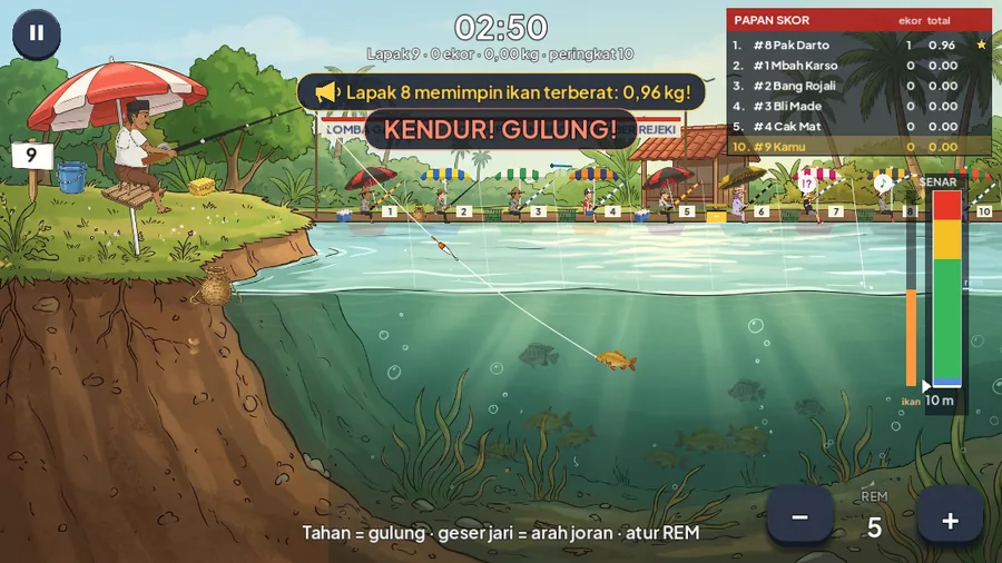 Lomba berjalan: waktu di atas, papan skor di kanan atas, peringatan KENDUR GULUNG di tengah