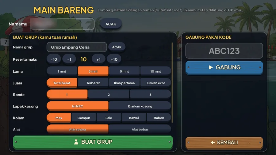 Halaman Main Bareng: isian nama, setelan Buat Grup di kiri, dan kotak Gabung Pakai Kode di kanan