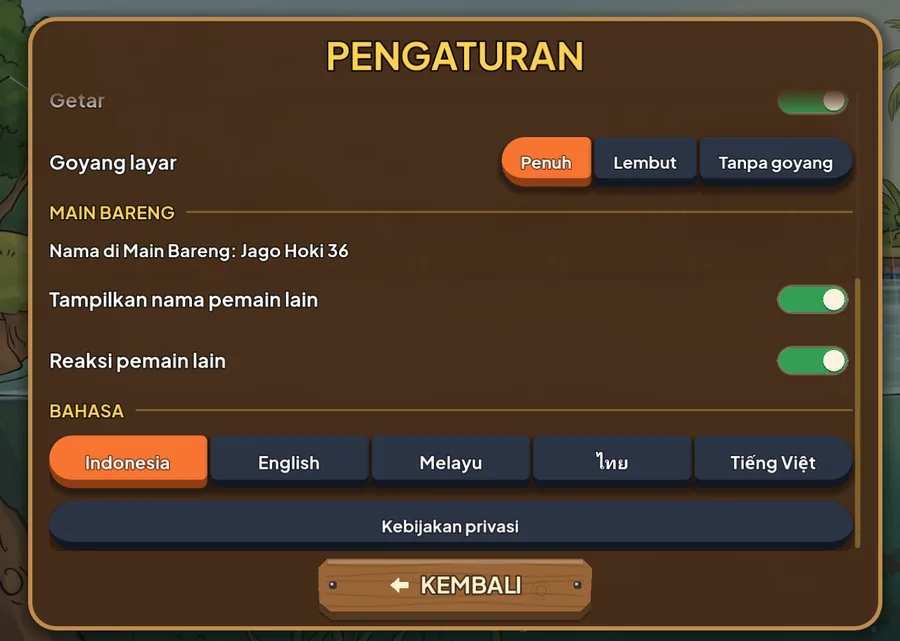Halaman Pengaturan: level lomba, getar, setelan Main Bareng, dan lima pilihan bahasa
