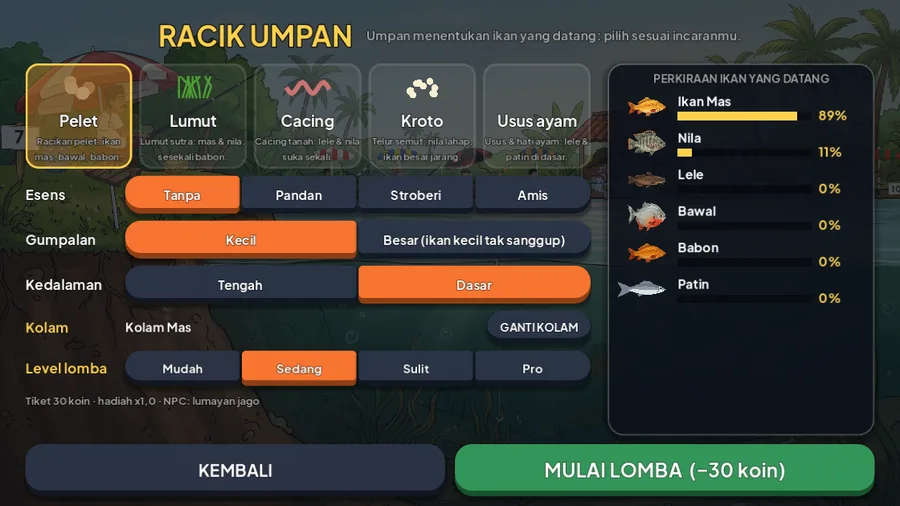 Halaman Racik Umpan: pilihan umpan, esens, gumpalan, kedalaman, kolam, level lomba, dan perkiraan ikan yang datang